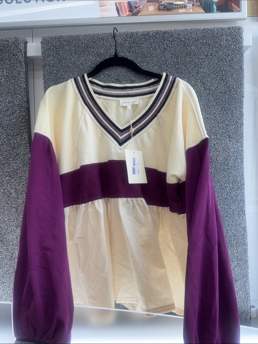 entro Cream V-Neck Top with Purple & Black Trim